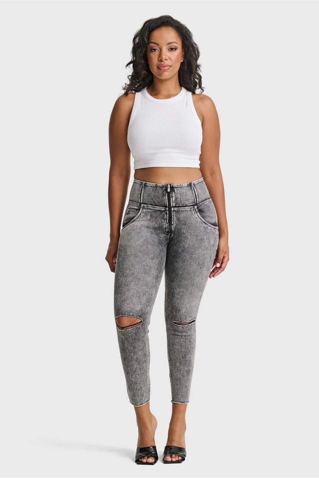 WRUP SNUG Ripped Jeans - High Waisted - 7/8 Length - Grey Stonewash + Grey Stitching 1