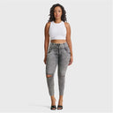 WRUP SNUG Ripped Jeans - High Waisted - Petite Length - Grey Stonewash + Grey Stitching
