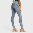 WRUP SNUG Ripped Jeans - High Waisted - Full Length - Blue Stonewash + Yellow Stitching