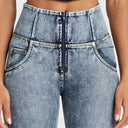 WRUP SNUG Ripped Jeans - High Waisted - Full Length - Blue Stonewash + Yellow Stitching