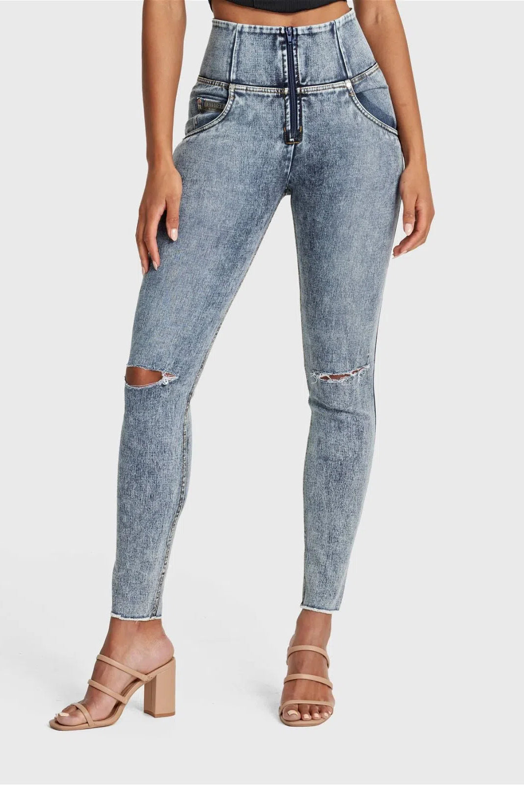 WRUP SNUG Ripped Jeans - High Waisted - Full Length - Blue Stonewash + Yellow Stitching 2