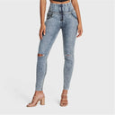 WRUP SNUG Ripped Jeans - High Waisted - Full Length - Blue Stonewash + Yellow Stitching