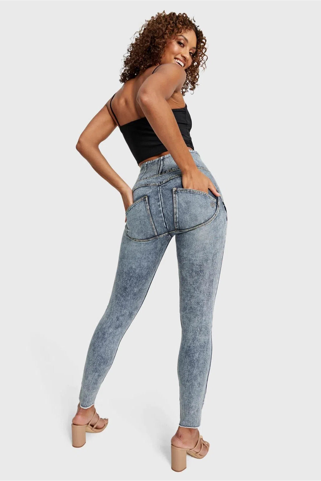 WRUP SNUG Ripped Jeans - High Waisted - Full Length - Blue Stonewash + Yellow Stitching 3