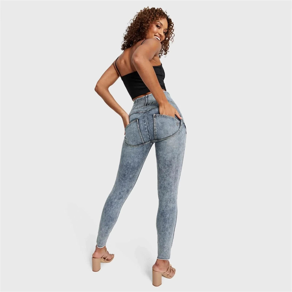 Blue Stonewash Yellow Stitching High Waisted Full Length WRUP