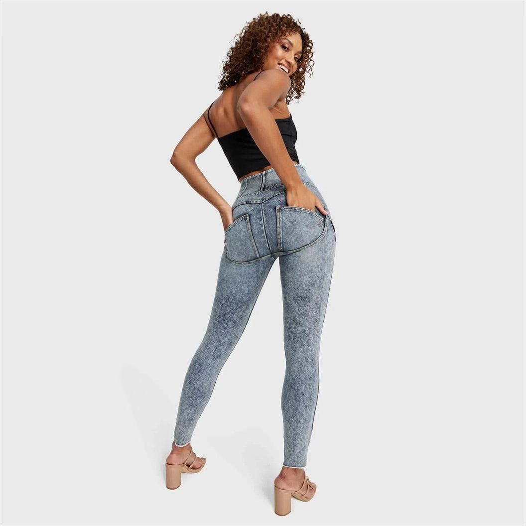 WRUP SNUG Ripped Jeans - High Waisted - Full Length - Blue Stonewash + Yellow Stitching