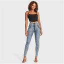 WRUP SNUG Ripped Jeans - High Waisted - Full Length - Blue Stonewash + Yellow Stitching