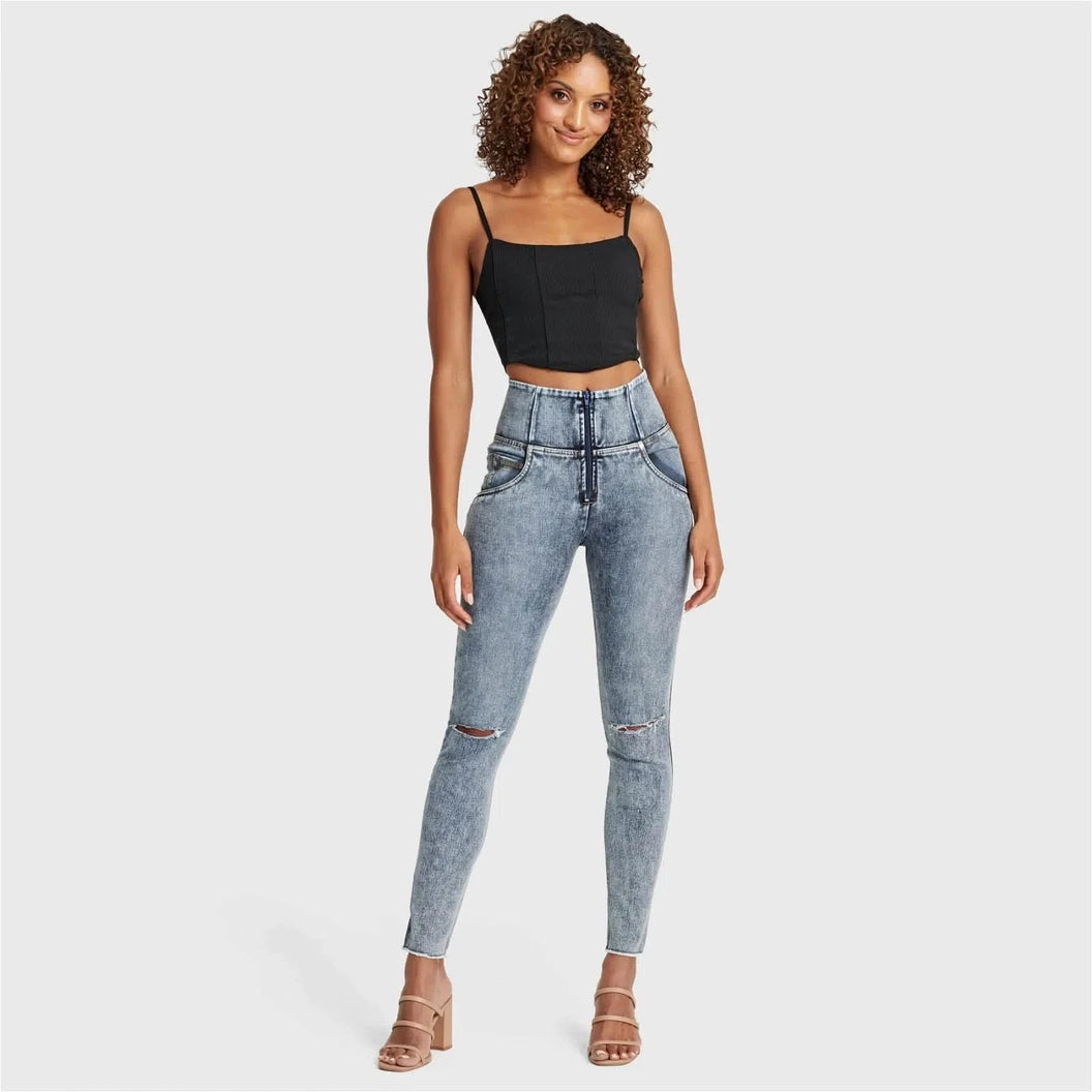 WRUP SNUG Ripped Jeans - High Waisted - Full Length - Blue Stonewash + Yellow Stitching