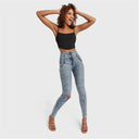 WRUP SNUG Ripped Jeans - High Waisted - Full Length - Blue Stonewash + Yellow Stitching