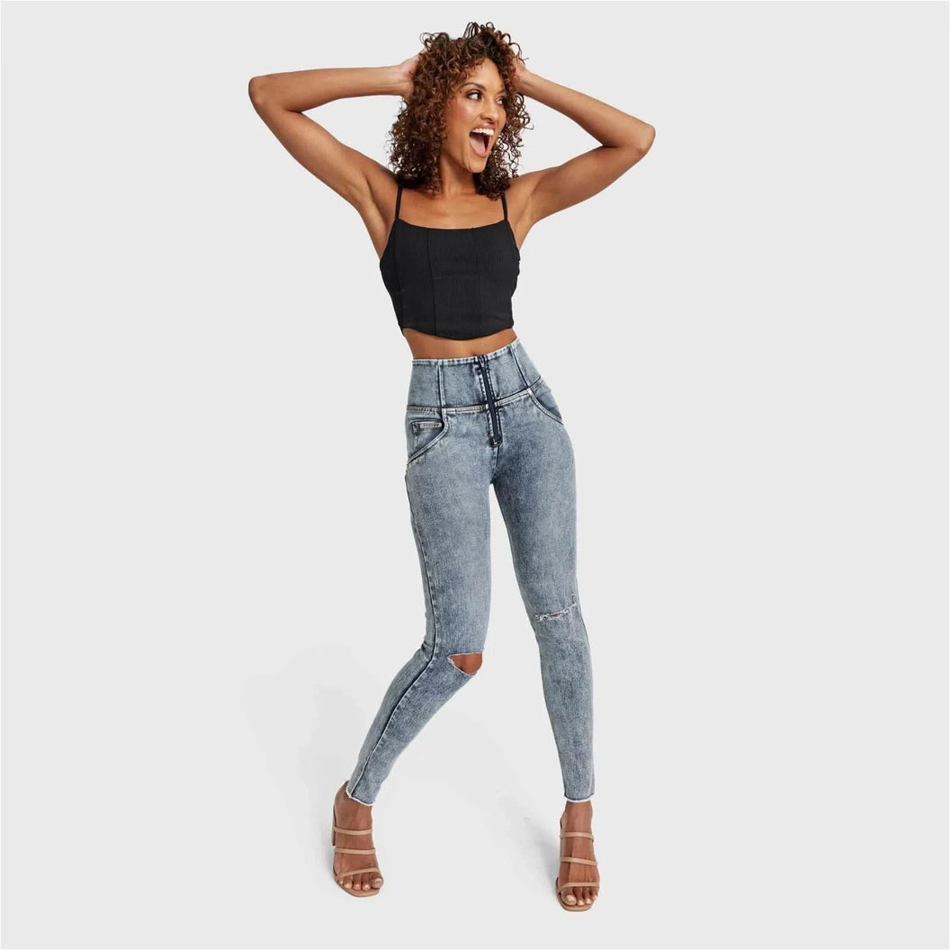 WRUP SNUG Ripped Jeans - High Waisted - Full Length - Blue Stonewash + Yellow Stitching