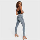 WRUP SNUG Ripped Jeans - High Waisted - Full Length - Blue Stonewash + Yellow Stitching
