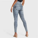 WRUP SNUG Ripped Jeans - High Waisted - Full Length - Blue Stonewash + Yellow Stitching