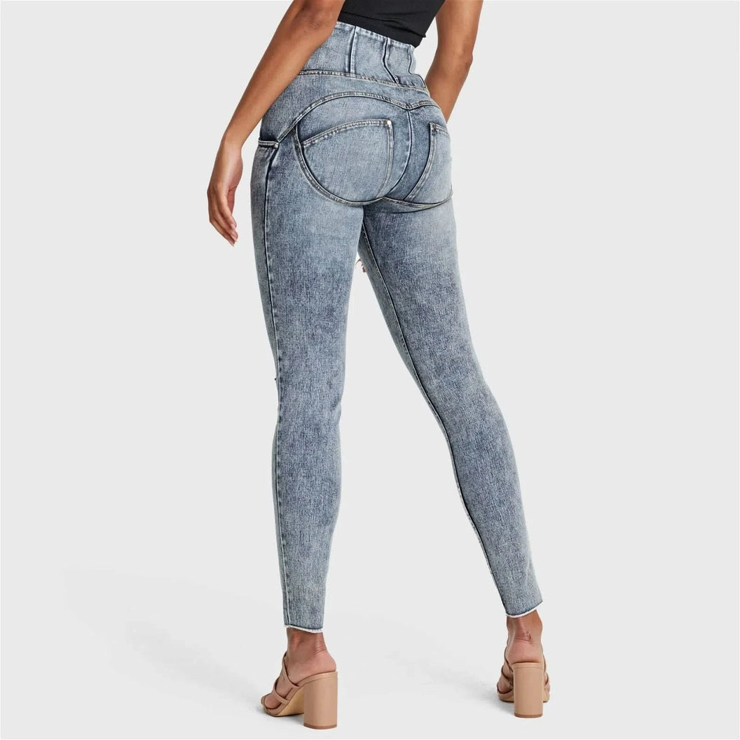 WRUP SNUG Ripped Jeans - High Waisted - Full Length - Blue Stonewash + Yellow Stitching