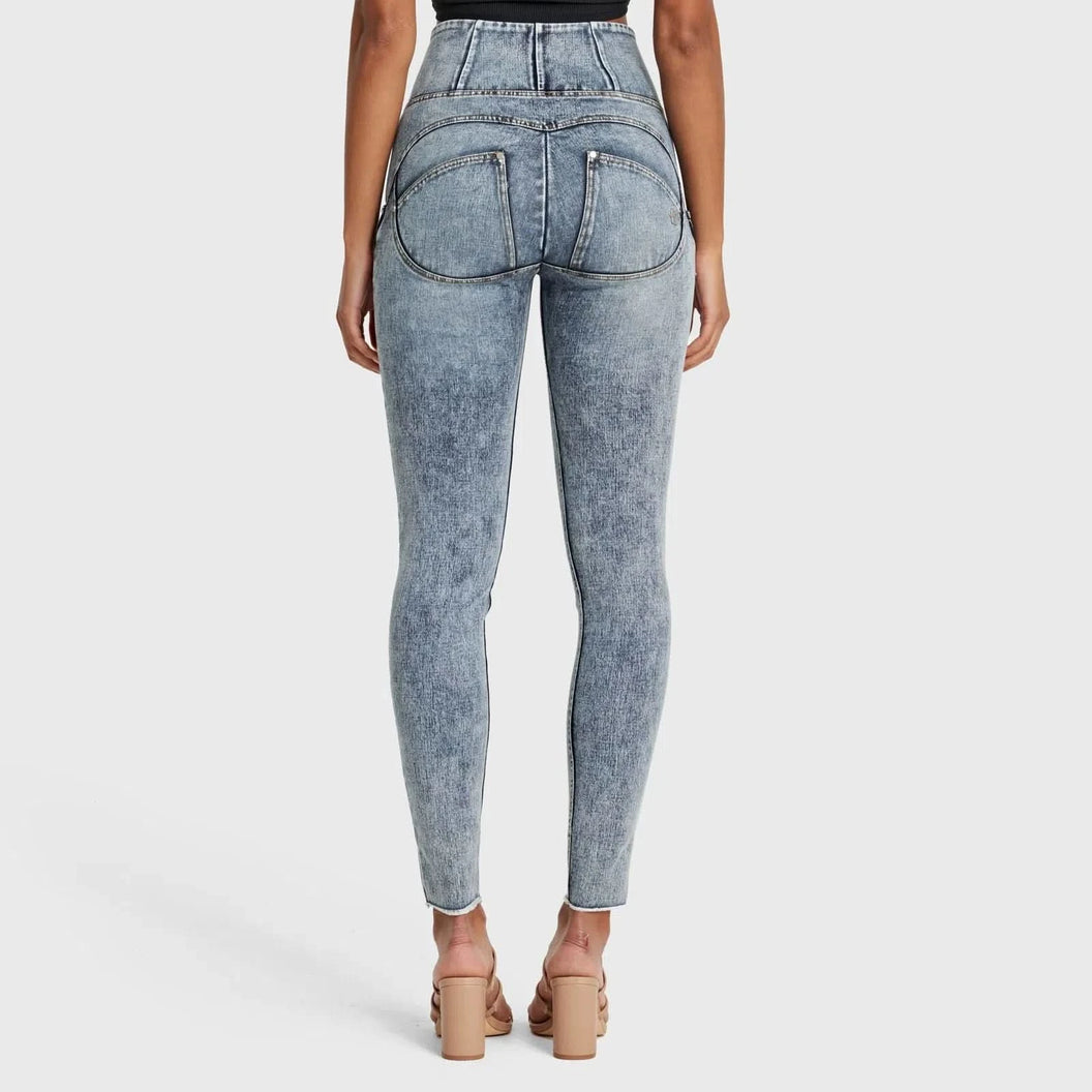 WRUP SNUG Ripped Jeans - High Waisted - Full Length - Blue Stonewash + Yellow Stitching