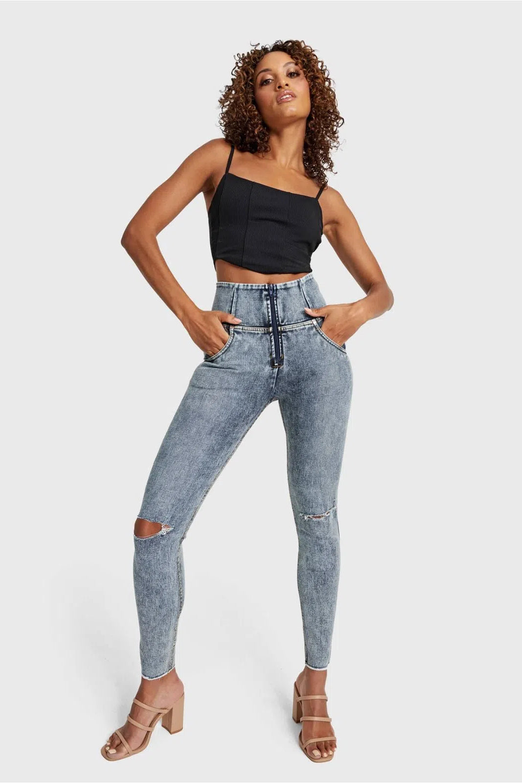 WRUP SNUG Ripped Jeans - High Waisted - Full Length - Blue Stonewash + Yellow Stitching 1