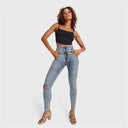 WRUP SNUG Ripped Jeans - High Waisted - Full Length - Blue Stonewash + Yellow Stitching