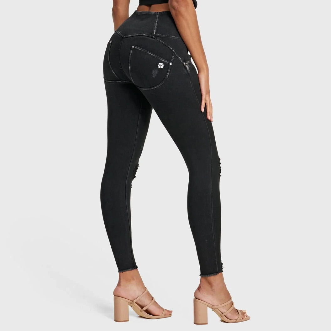 WRUP SNUG Ripped Jeans - High Waisted - Full Length - Coated Black + Black Stitching
