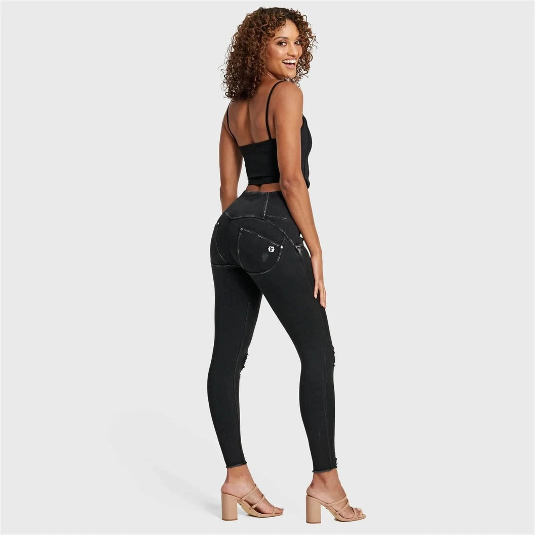 WRUP SNUG Ripped Jeans - High Waisted - Full Length - Coated Black + Black Stitching