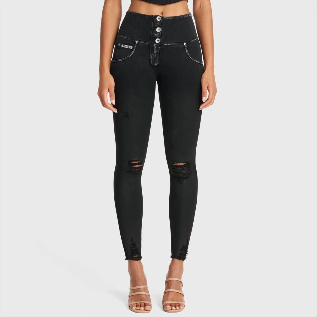 WRUP SNUG Ripped Jeans - High Waisted - Full Length - Coated Black + Black Stitching