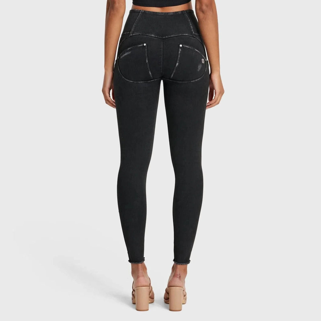 WRUP SNUG Ripped Jeans - High Waisted - Full Length - Coated Black + Black Stitching