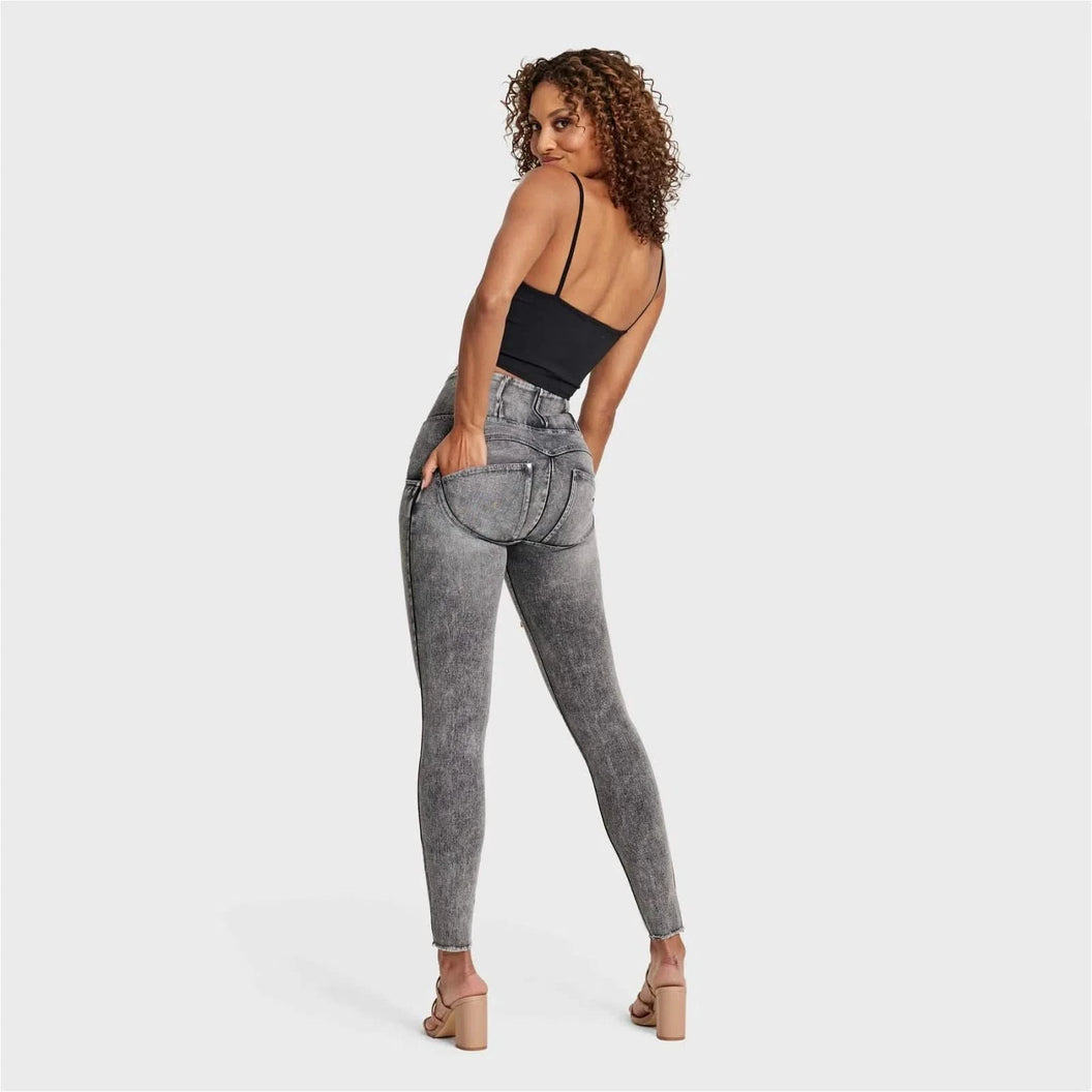 WRUP SNUG Ripped Jeans - High Waisted - Full Length - Grey Stonewash + Grey Stitching