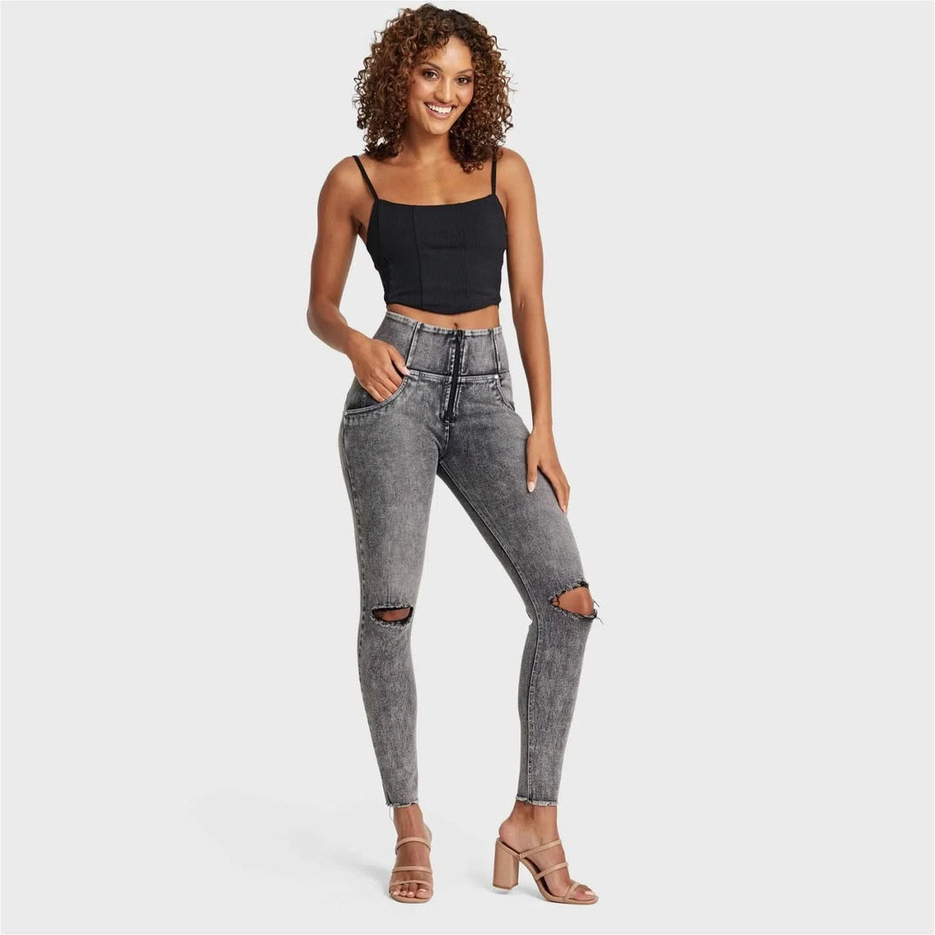 WRUP SNUG Ripped Jeans - High Waisted - Full Length - Grey Stonewash + Grey Stitching
