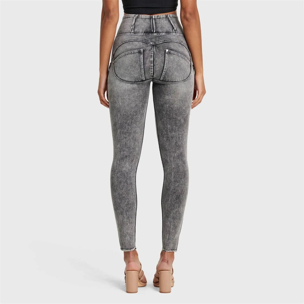 WRUP SNUG Ripped Jeans - High Waisted - Full Length - Grey Stonewash + Grey Stitching
