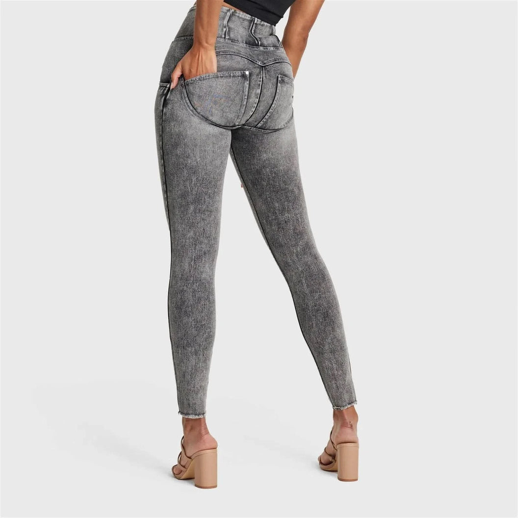 WRUP SNUG Ripped Jeans - High Waisted - Full Length - Grey Stonewash + Grey Stitching