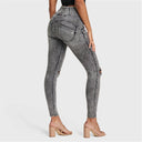 WRUP SNUG Ripped Jeans - High Waisted - Full Length - Grey Stonewash + Grey Stitching