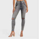 WRUP SNUG Ripped Jeans - High Waisted - Full Length - Grey Stonewash + Grey Stitching