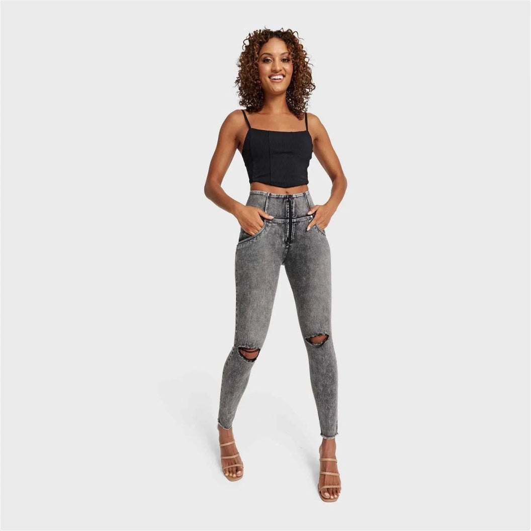 WRUP SNUG Ripped Jeans - High Waisted - Full Length - Grey Stonewash + Grey Stitching