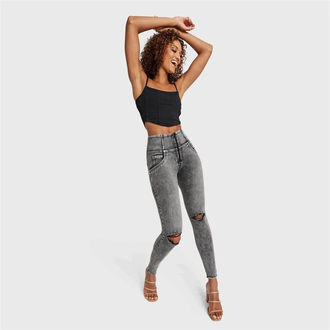 WRUP SNUG Ripped Jeans - High Waisted - Full Length - Grey Stonewash + Grey Stitching
