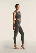 WRUP Denim Criss Cross Detail - High Waisted - 7/8 Length - Dark Grey Denim + Black Stitching