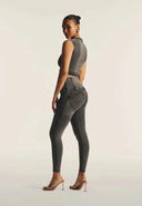 WRUP Denim Criss Cross Detail - High Waisted - 7/8 Length - Dark Grey Denim + Black Stitching