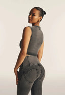 Cropped Tank Criss Cross Detail - Dark Grey Denim