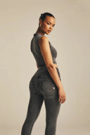 WRUP Denim Criss Cross Detail - High Waisted - 7/8 Length - Dark Grey Denim + Black Stitching