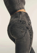 WRUP Denim Criss Cross Detail - High Waisted - 7/8 Length - Dark Grey Denim + Black Stitching