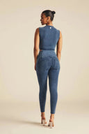 WRUP Denim Criss Cross Detail - High Waisted - 7/8 Length - Indigo Denim + Blue Stitching