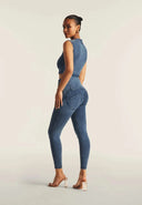 WRUP Denim Criss Cross Detail - High Waisted - 7/8 Length - Indigo Denim + Blue Stitching