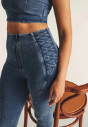WRUP Denim Criss Cross Detail - High Waisted - 7/8 Length - Indigo Denim + Blue Stitching
