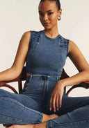 WRUP Denim Criss Cross Detail - High Waisted - 7/8 Length - Indigo Denim + Blue Stitching