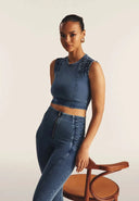 WRUP Denim Criss Cross Detail - High Waisted - 7/8 Length - Indigo Denim + Blue Stitching