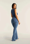 WRUP Denim with Front Pockets - Super High Waisted - Flare - Light Blue + Beige Stitching