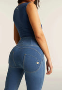 WRUP Denim with Front Pockets - Super High Waisted - Flare - Light Blue + Beige Stitching