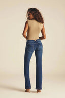 WRUP Denim with Gold Zip - Mid Rise - Flare - Dark Blue + Beige Stitching