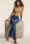 WRUP Denim with Gold Zip - Mid Rise - Flare - Dark Blue + Beige Stitching