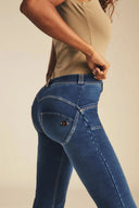 WRUP Denim with Gold Zip - Mid Rise - Flare - Dark Blue + Beige Stitching