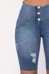 WR.UP® Distressed Denim - High Waisted - Biker Shorts - Light Blue + Yellow Stitching 8