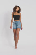 WRUP SNUG Jeans - 3 Button High Waisted - Shorts - Light Blue + Blue Stitching