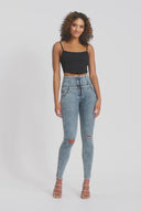WRUP SNUG Ripped Jeans - High Waisted - Full Length - Blue Stonewash + Yellow Stitching