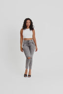 WRUP SNUG Ripped Jeans - High Waisted - Petite Length - Grey Stonewash + Grey Stitching